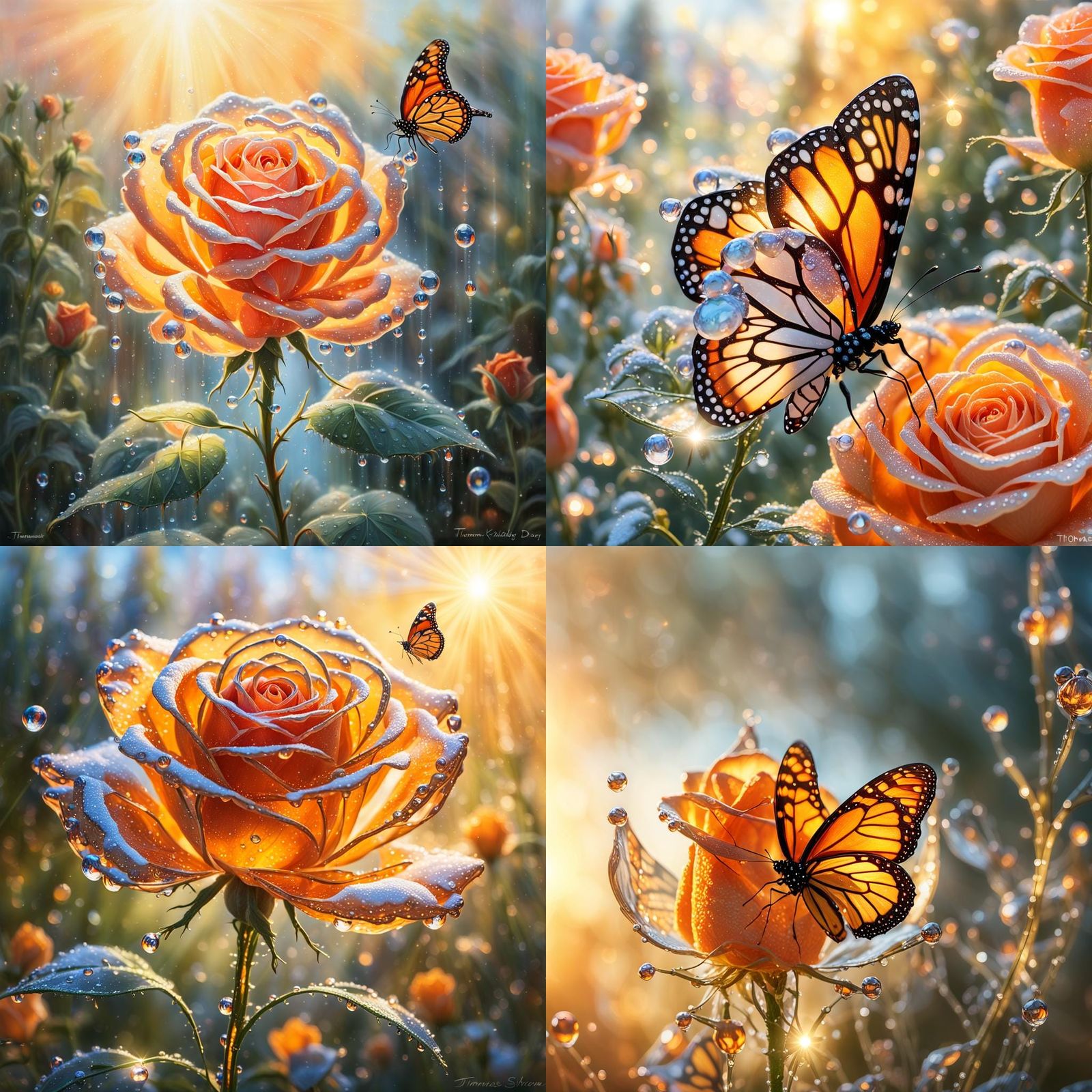 Glass Rose with Dewdrops and Butterfly