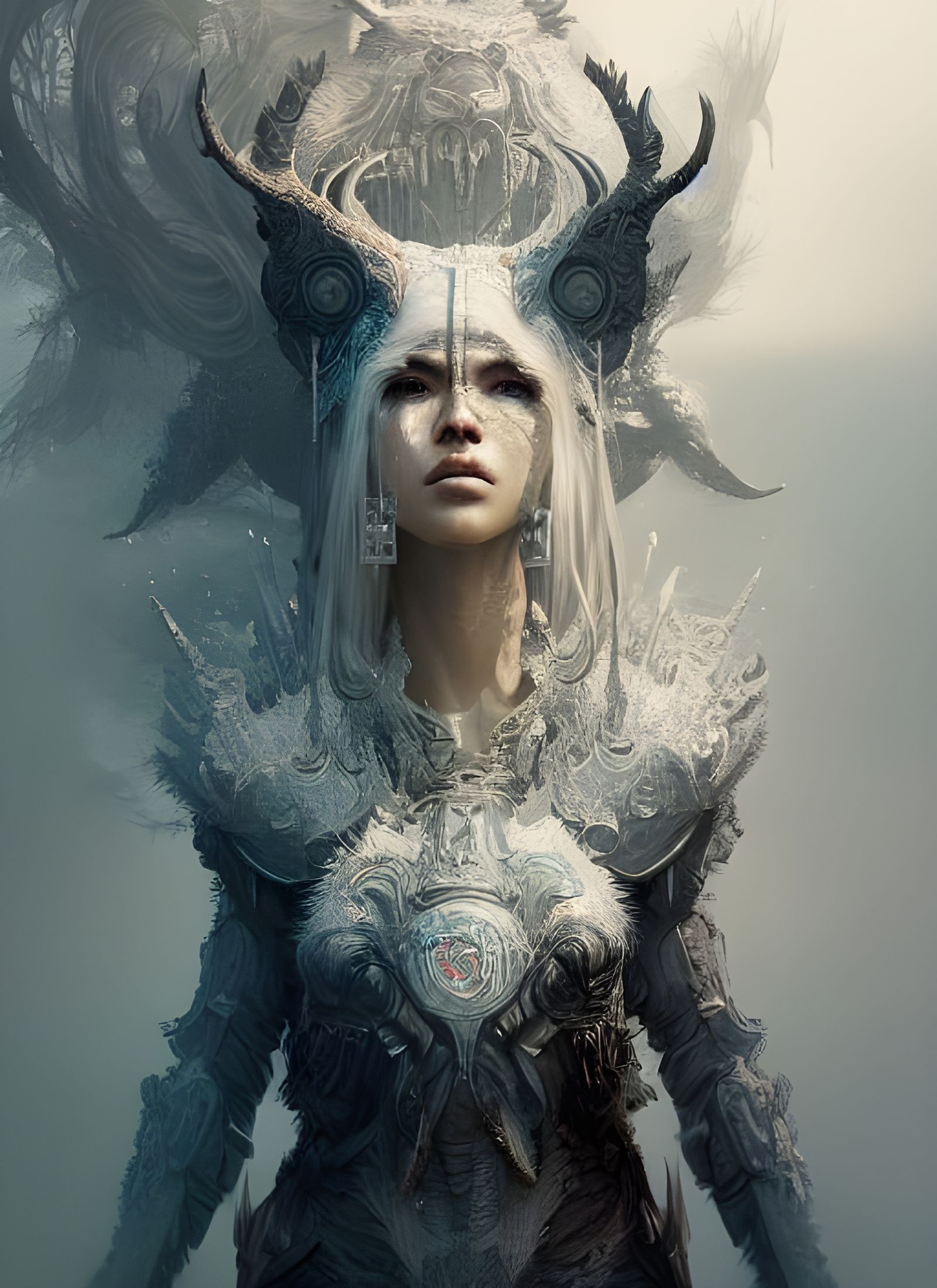 Elaborate White Wolf Warrior Woman Fantasy Art