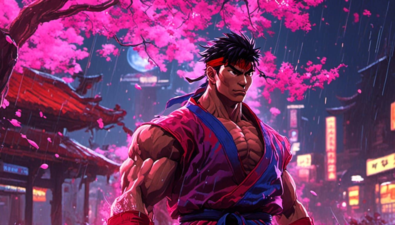 Ryu in Rainy Neon Cityscape