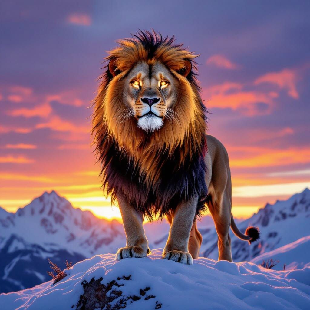 Fiery Lion on Snowy Peak at Sunset: Photorealistic Art
