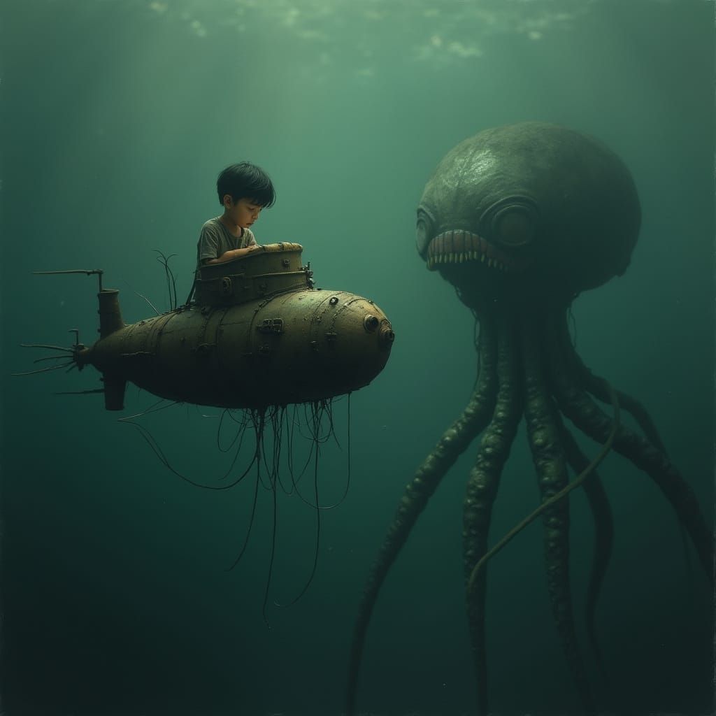 Boy in Submarine Surrounded by Deep Sea Creatures