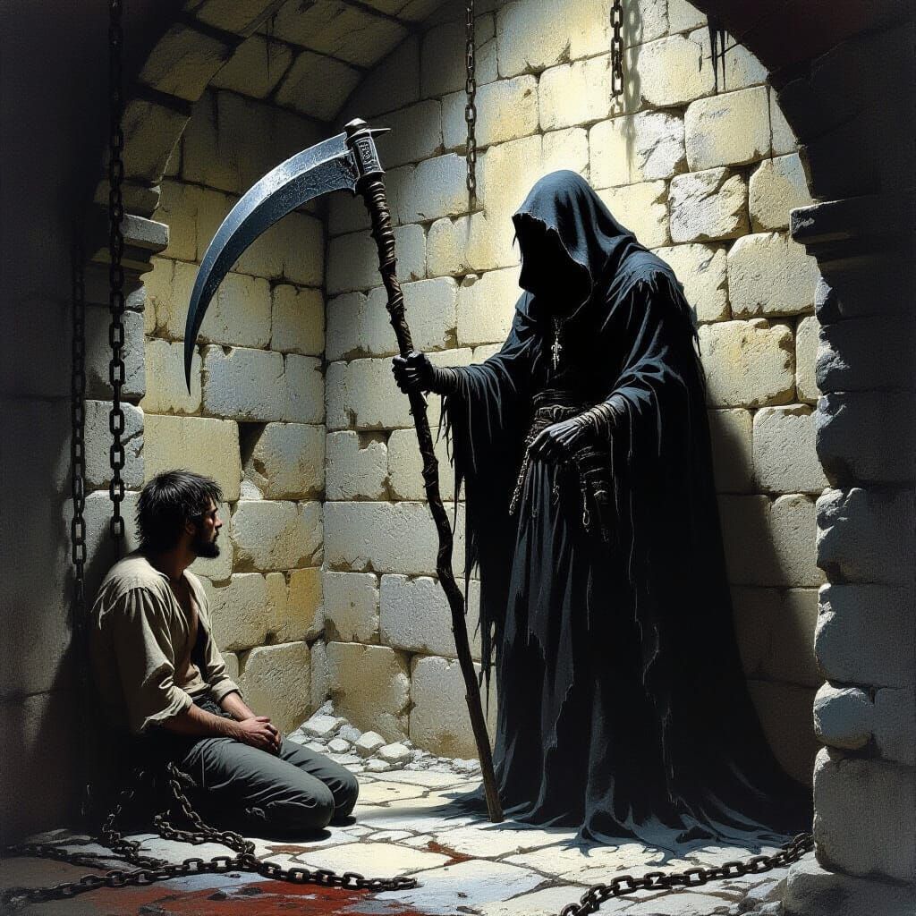 Grim Reaper in Dungeon with Chained Man
