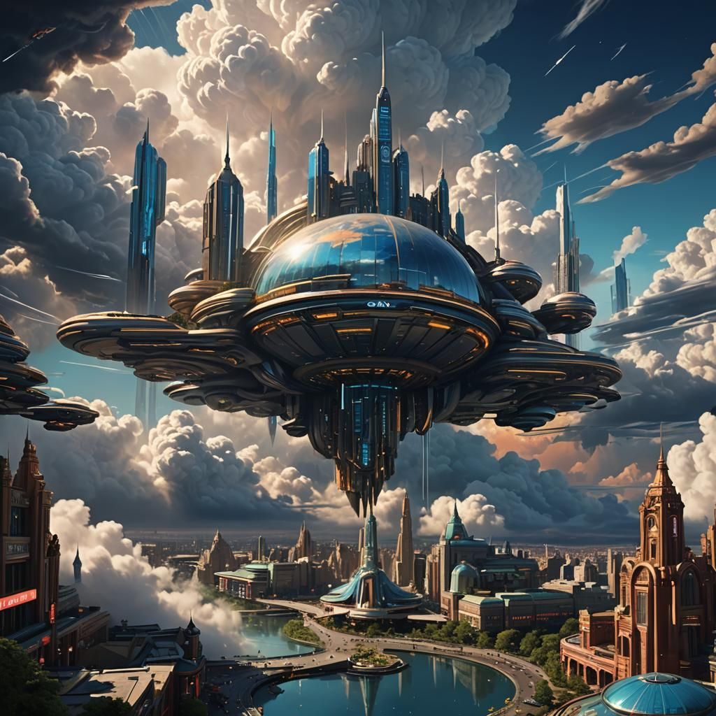 Futuristic Metropolis with Cloud Mall Logo, Cinematic Digita...
