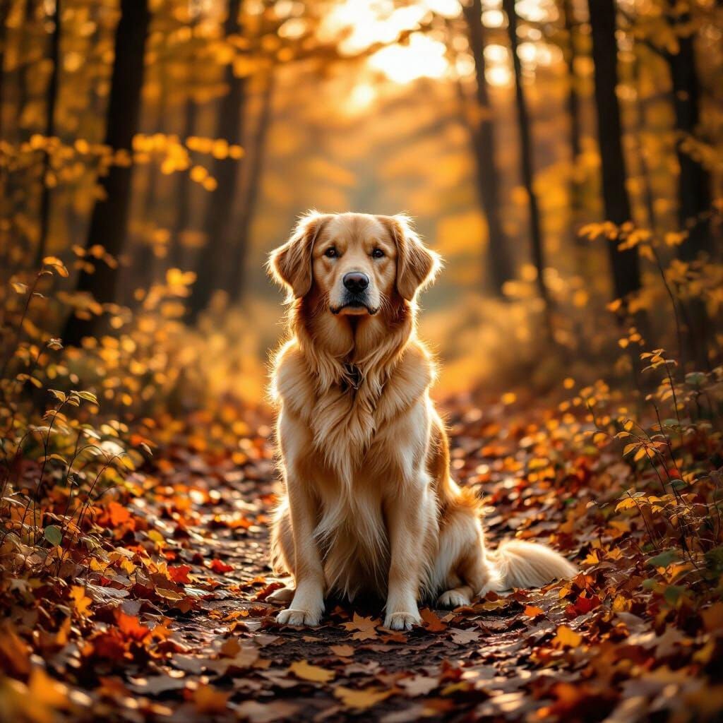 Golden Retriever in Autumn Forest, Sunlight and Leaves