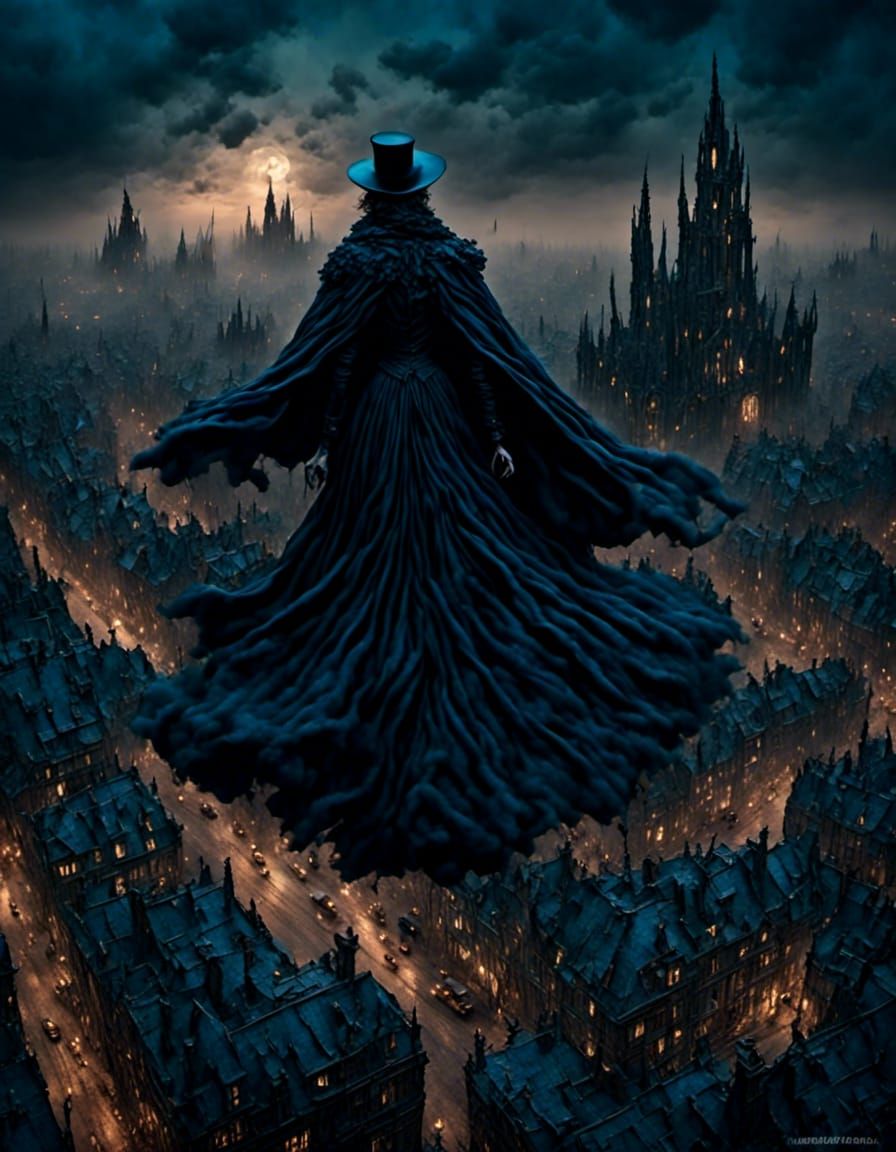 <lora:grief:1.0> <lora:Into darkness:1.0> <lora:Eliza:1.0> Spring-heeled Jack wearing a long black cloak, leaping across...