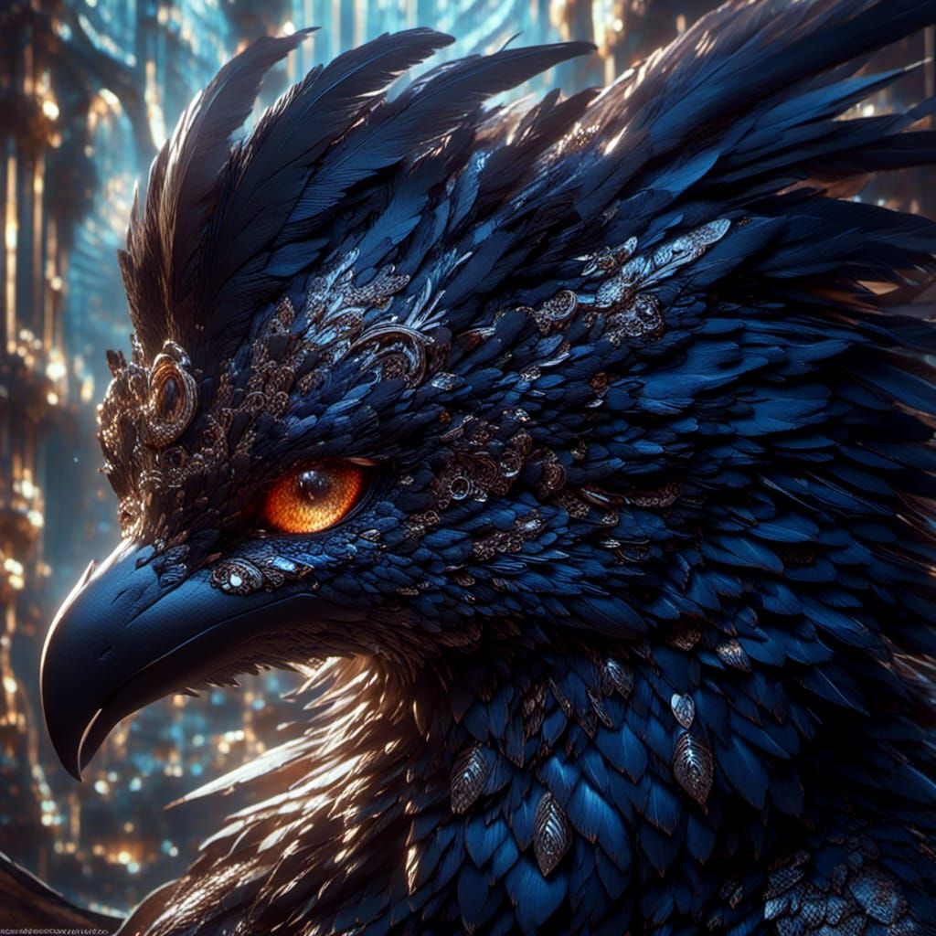 Mythical Raven Dragon Portrait in Anime Style