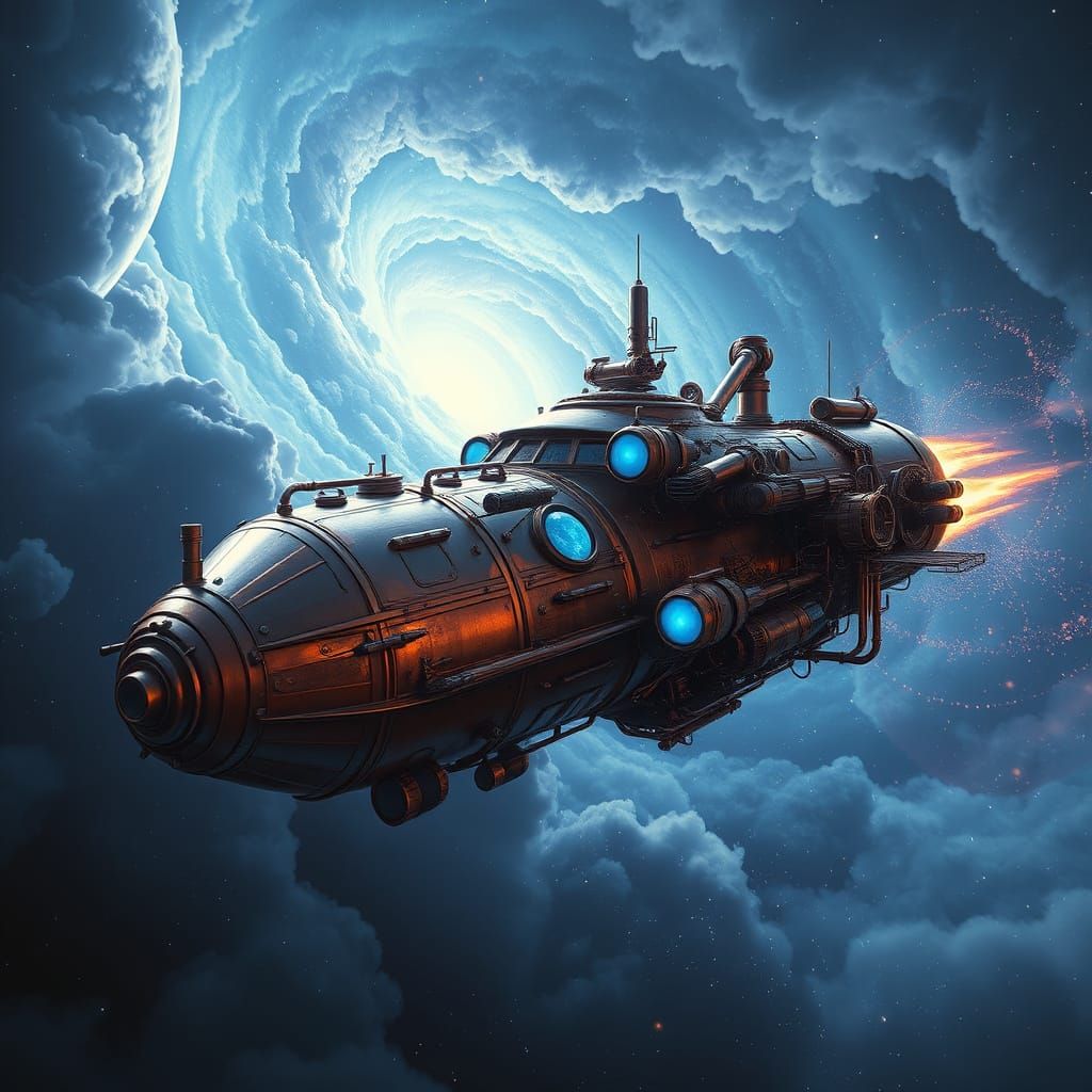 Majestic Steampunk Spacecraft Soars Through Celestial Vortex