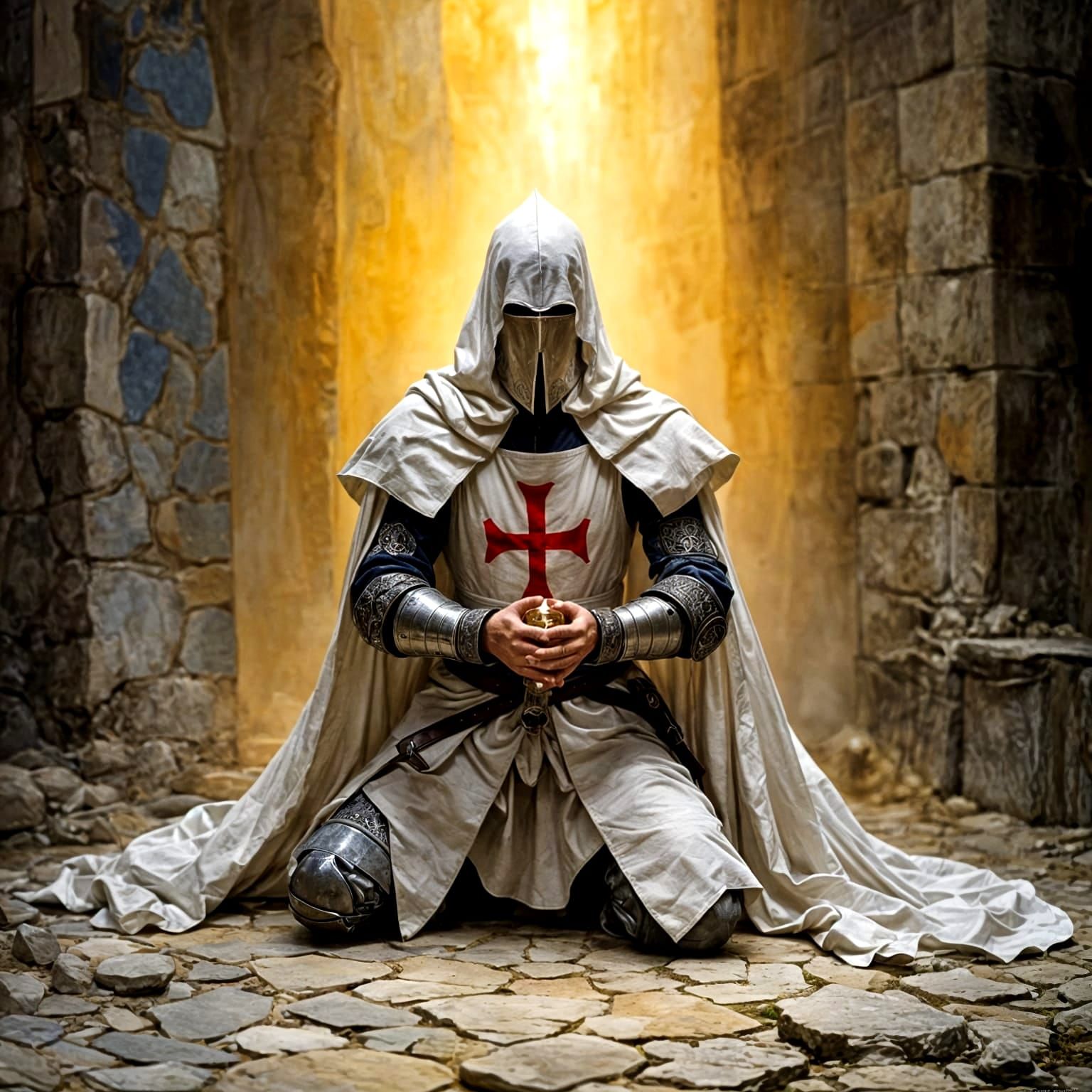 Knight Templar and Holy Grail in Golden Light