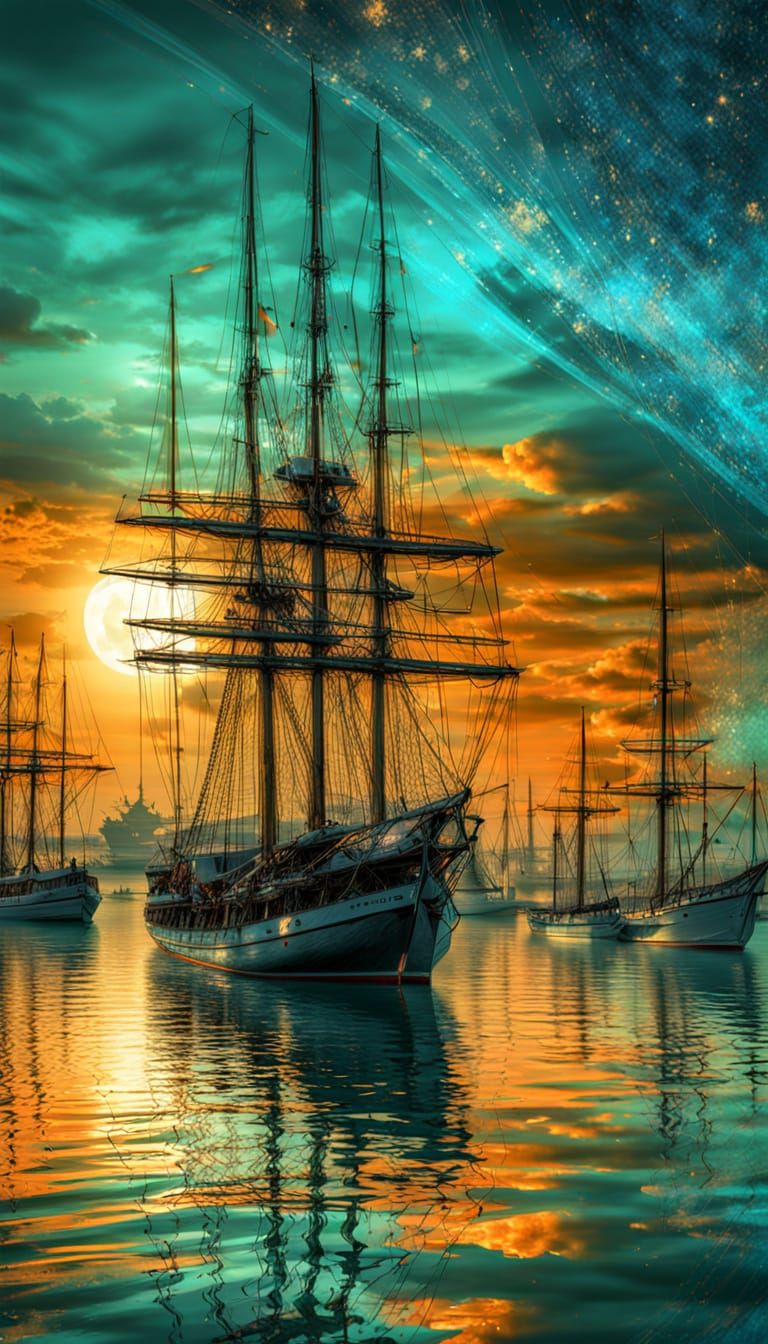 Golden Sunset Over Harbor with Sailing Ships