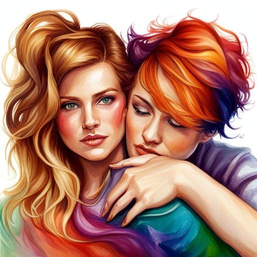 Romantic Watercolor: Two Women Embrace in Rainbow Colors