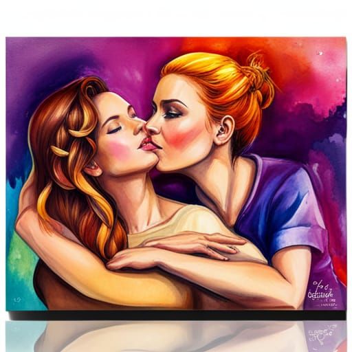Dreamcore Watercolor: Women Cuddling in Rainbow Colors
