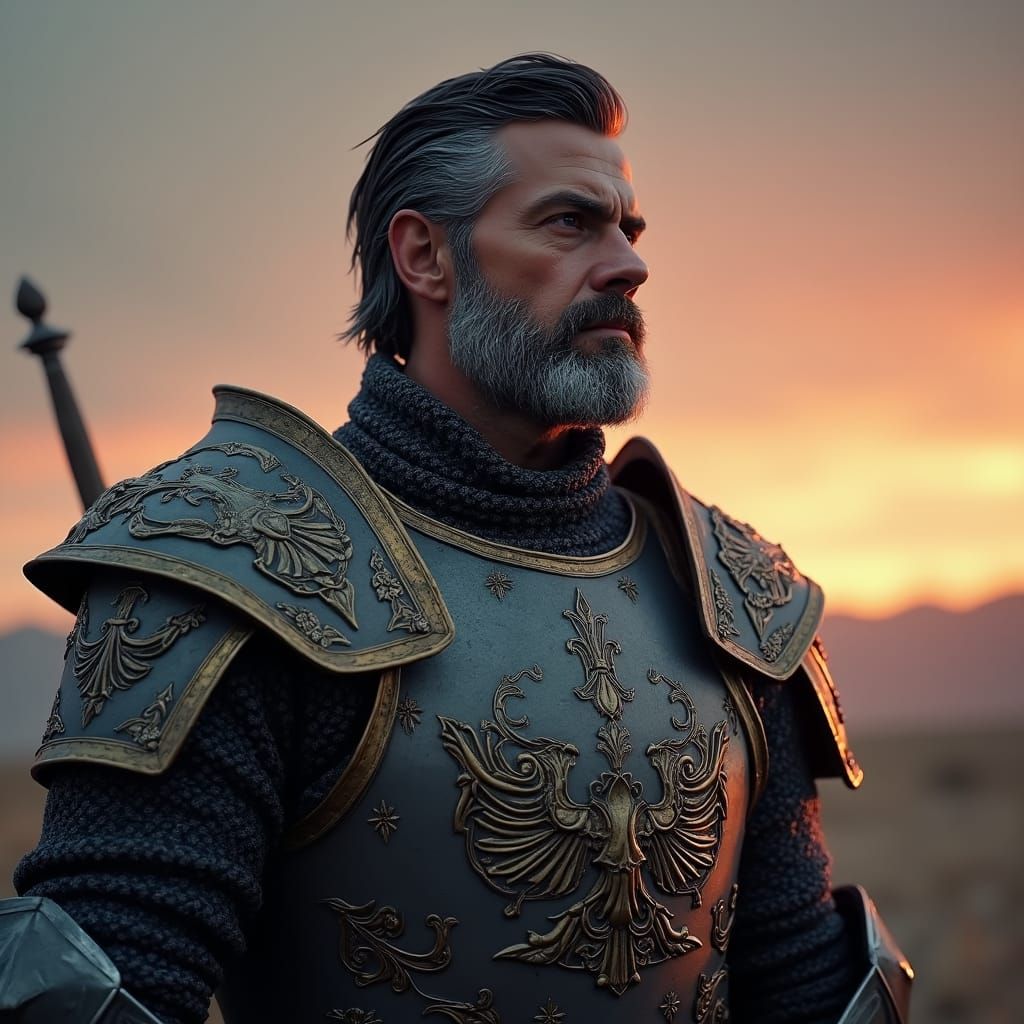 Man in Ornate Armor Gazing into the Distance