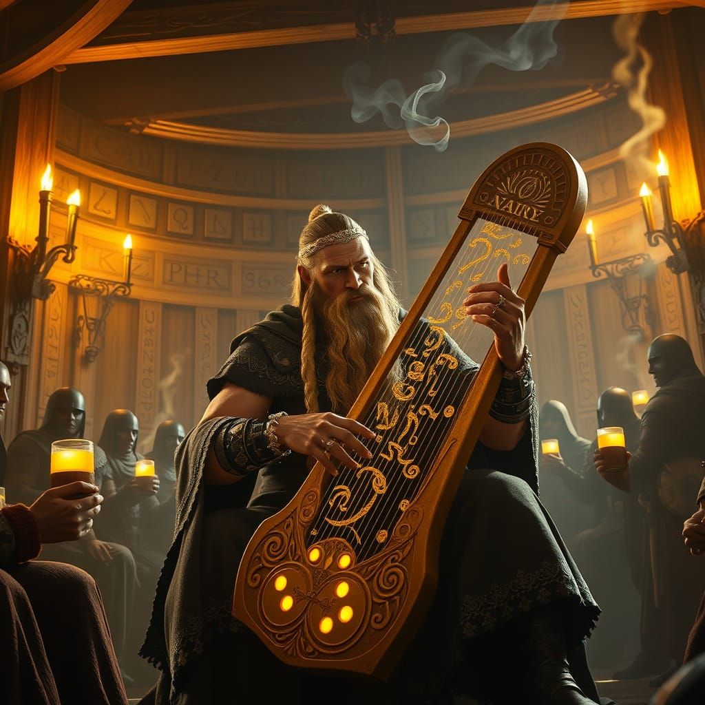 Norse God Bragi in Valhalla's Grand Hall, Surrounded by Glow...