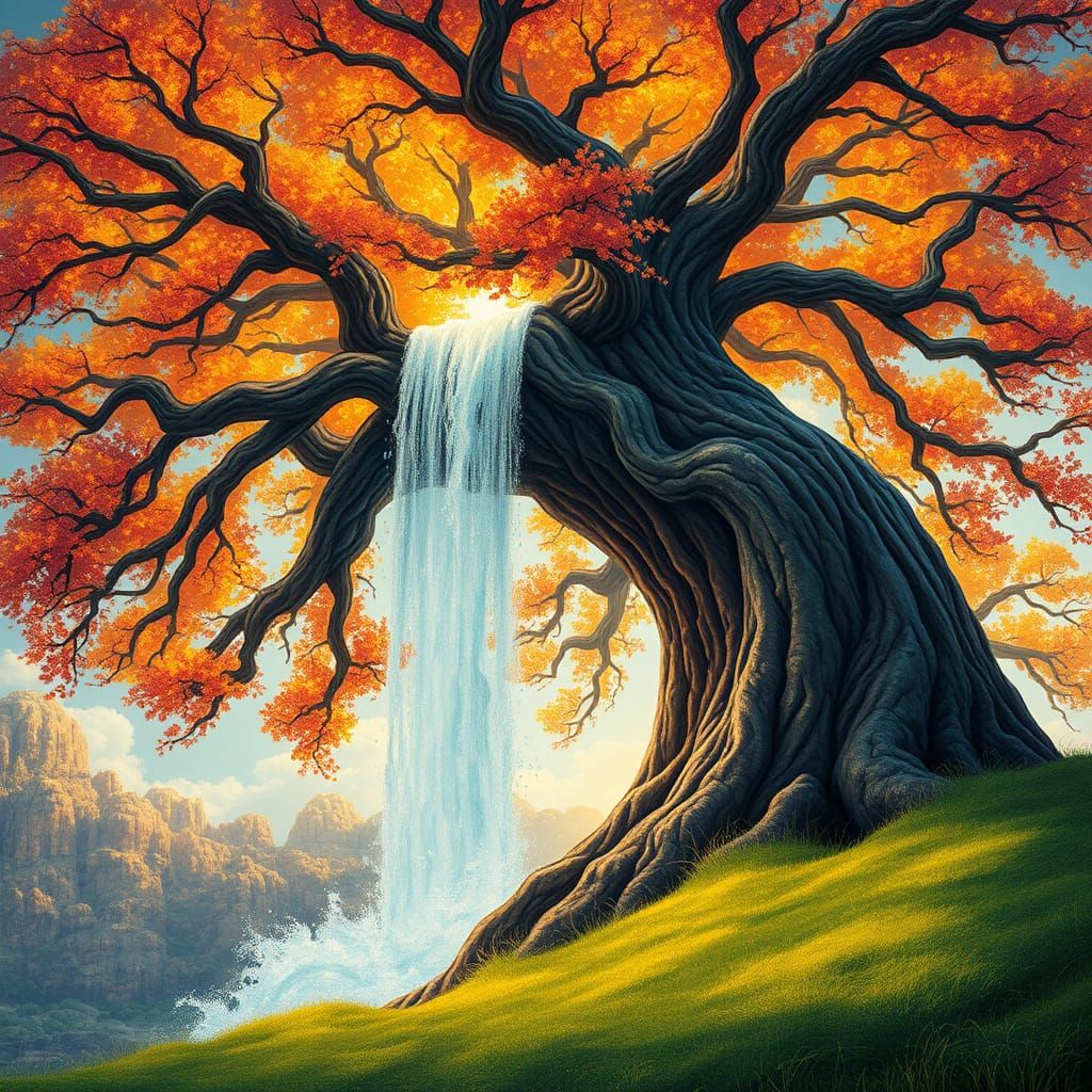 Ancient Tree with Cascading Waterfall in Vibrant Colors