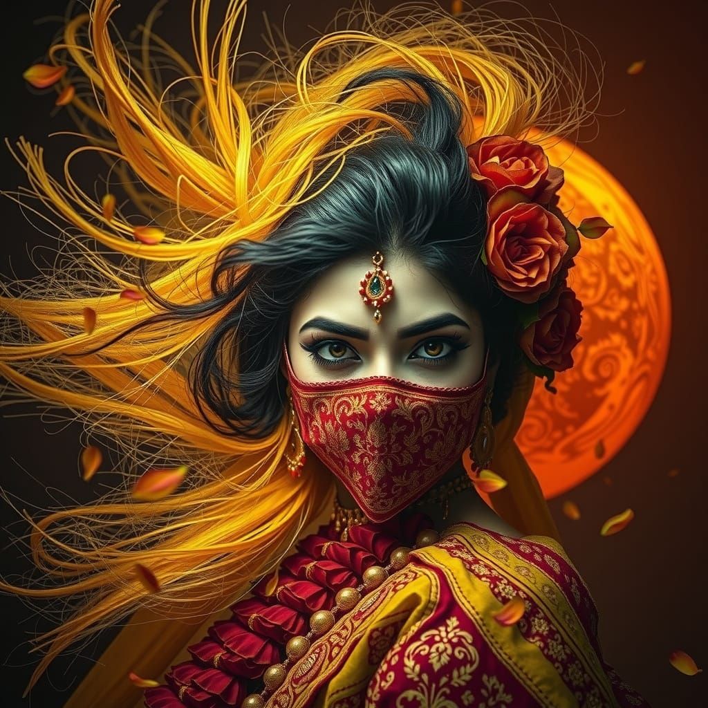 Enigmatic beauty dances in a petal storm