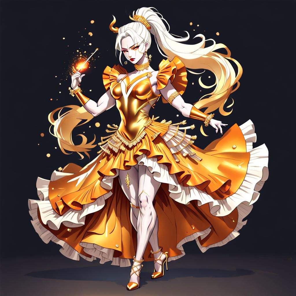 Muscular Woman in Golden Dress, Hyperrealistic Art