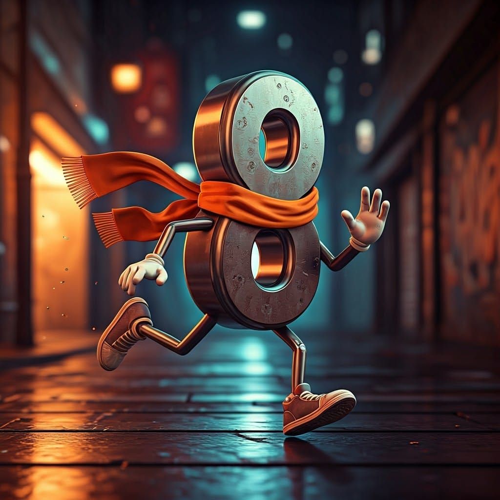 Stylized 8 Runs from Chaos in Neon-Lit Cityscape