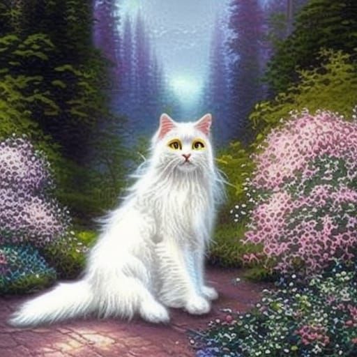 Ethereal White Cat in Fantasy Landscape