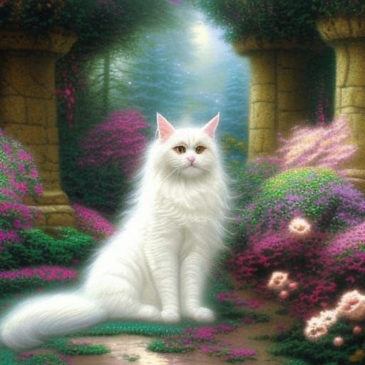 Ethereal White Cat in Hyperdetailed Fantasy Scene