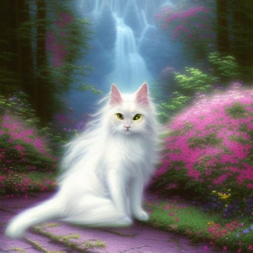 Ethereal White Cat in Fantasy Landscape