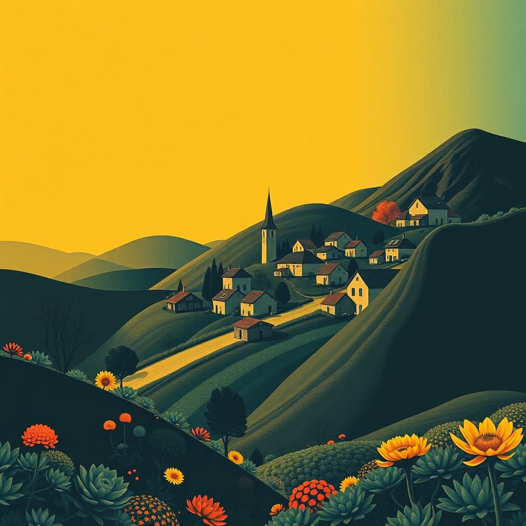 Surreal Village in Undulating Hills with Tessellated Flora