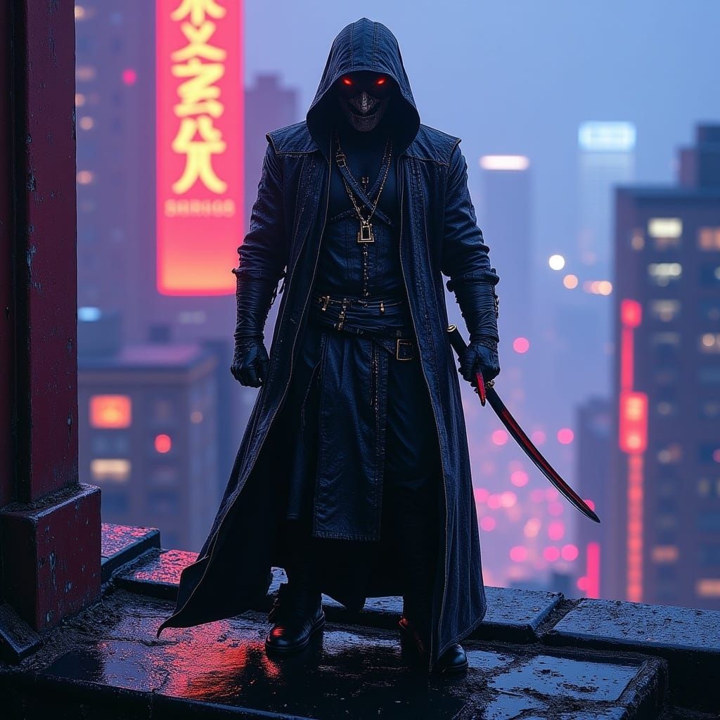 Cyberpunk Samurai on Neon Rooftop