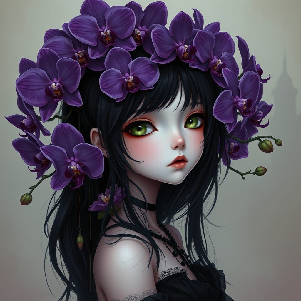 Ethereal Goth Girl Amidst Dark Blooming Orchids