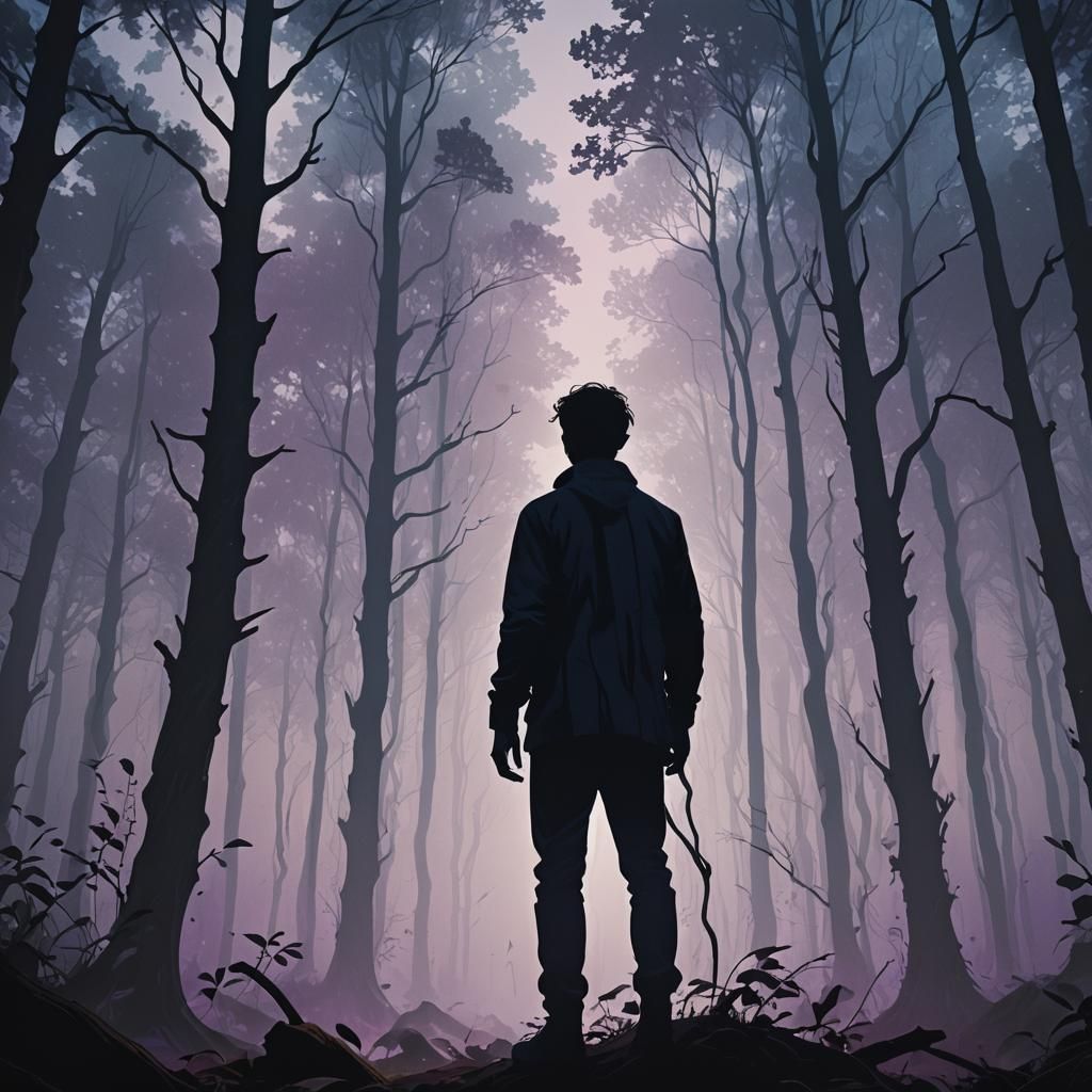 Mysterious Silhouette in Misty Forest: Minimalist Art