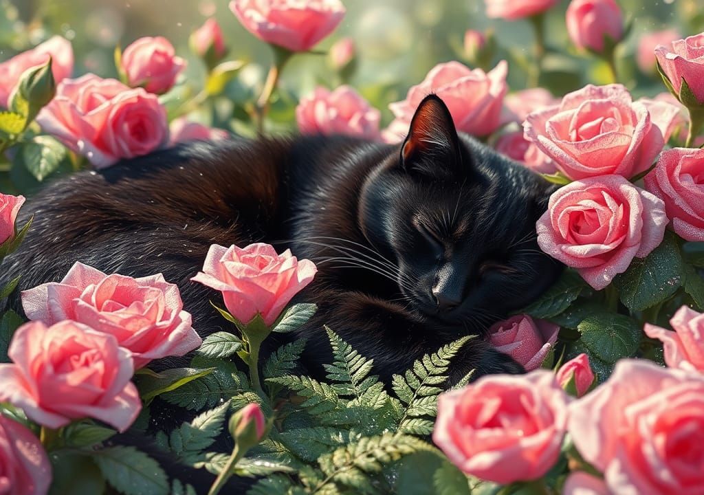 Black Tabby Cat Asleep in Cellophane Rose Garden
