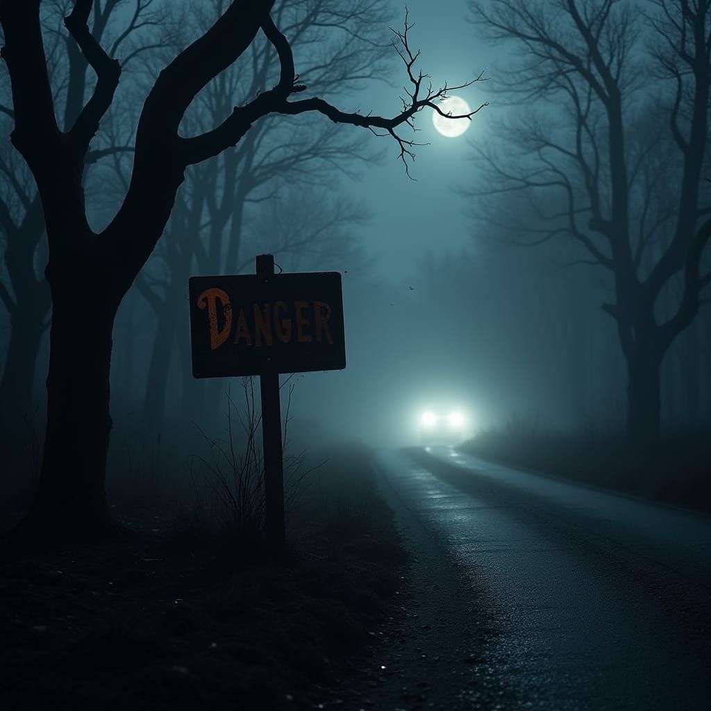 Ominous Forest Road at Midnight in Fog
