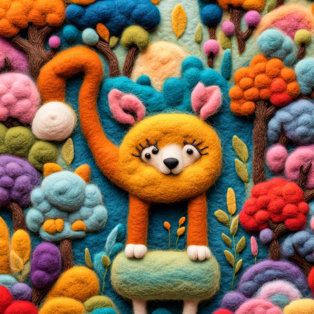 Fuzzy Felt Animal in Colorful, Layered Scene