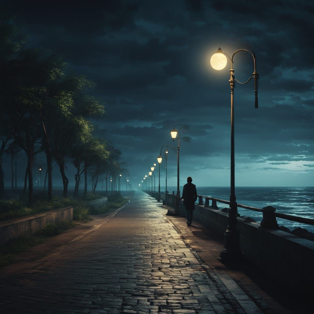 Moonlit Seaside Boulevard with Lone Figure