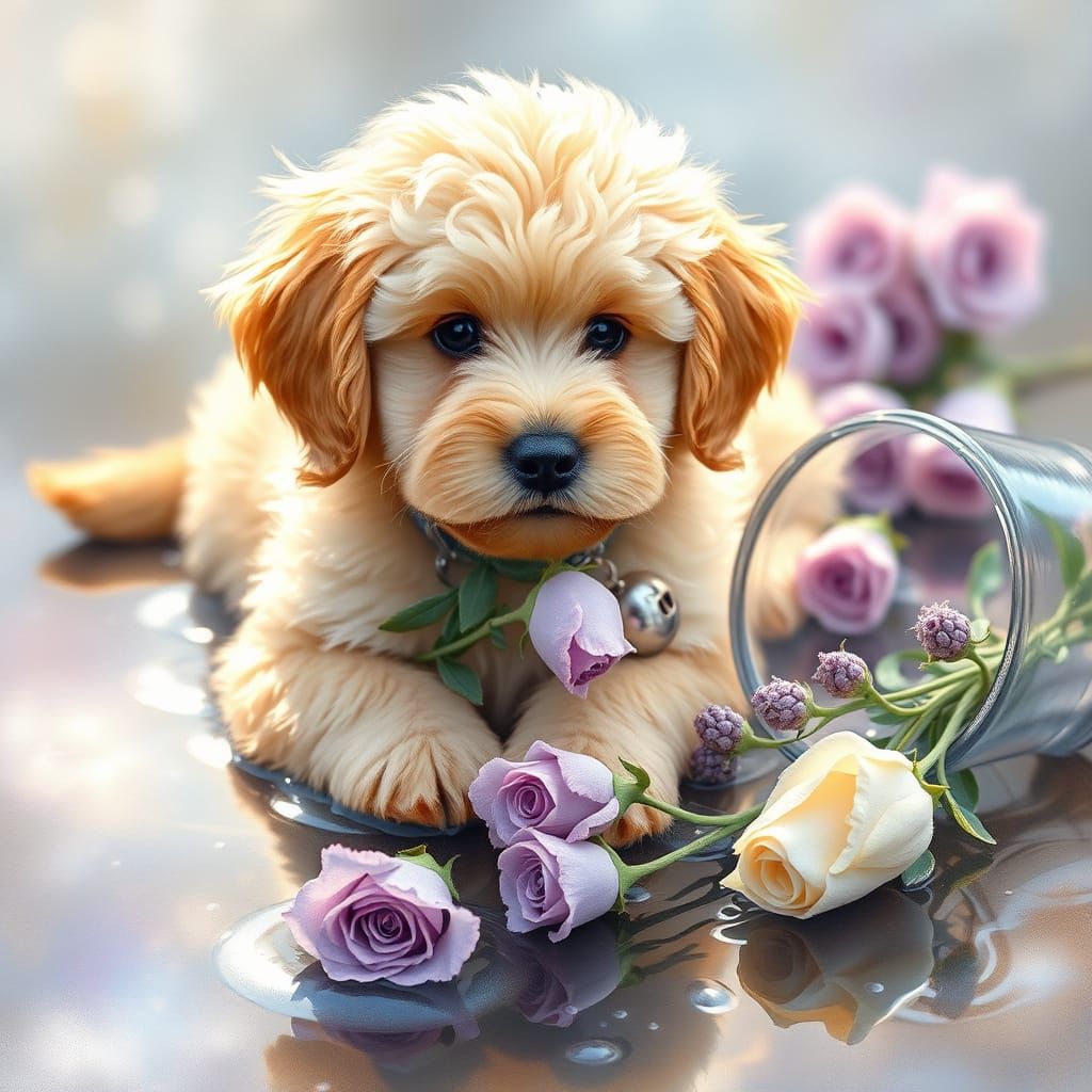 Golden Doodle Puppy with Rose, Kinkade-Inspired Watercolor