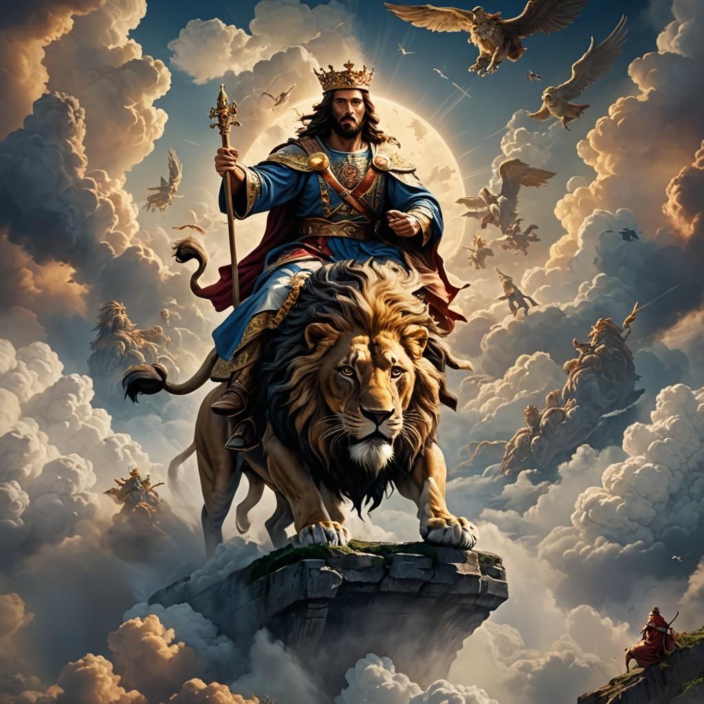 Jesus on Lionback in Heaven: Fantasy Concept Art