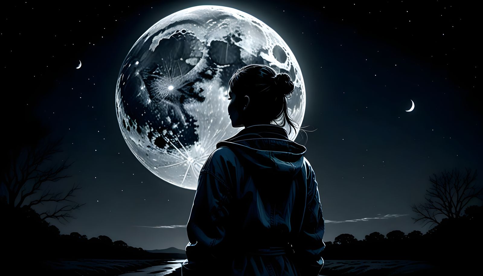 Woman Gazing at Moon in Black and White Sketch