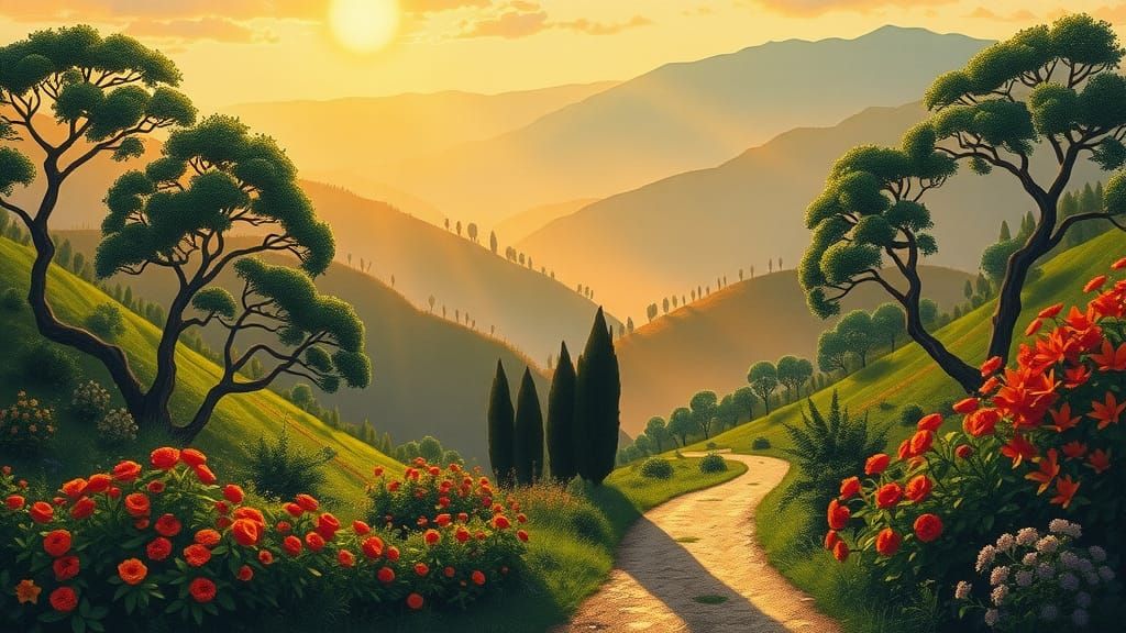 Lush Mountain Pathway in Naive Art Style