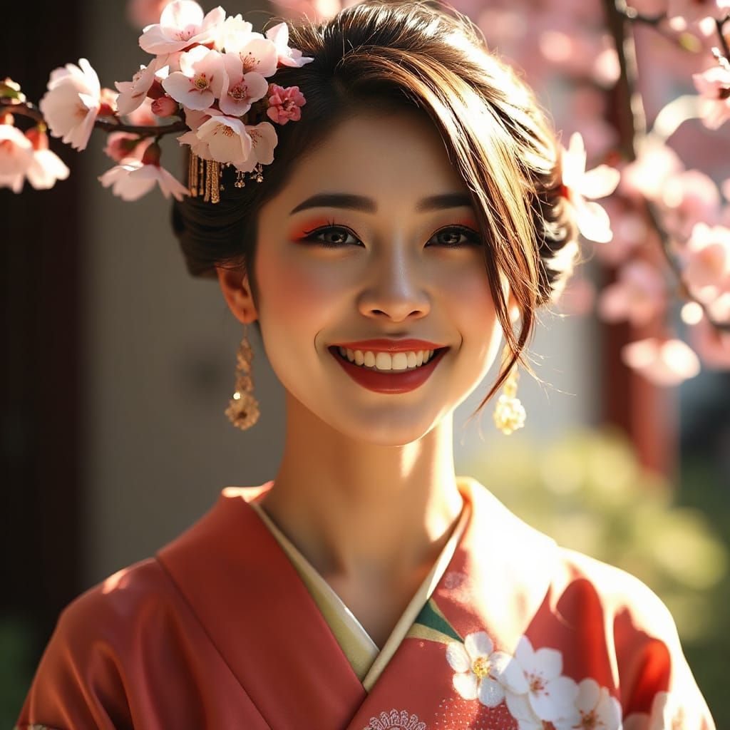 Joyful Geisha in Silk Kimono, Sunlight Portrait