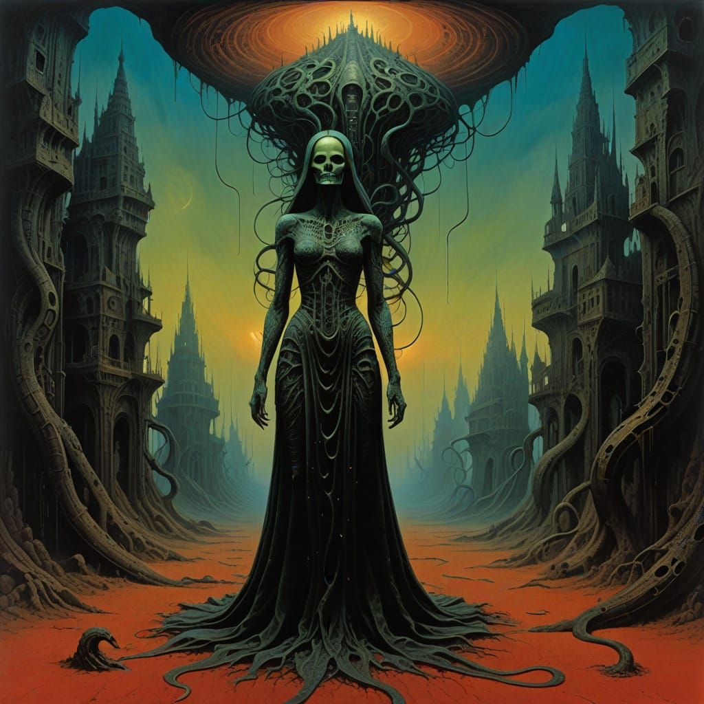 Dreamlike Surrealist Scene of Woman Surrounded by Dancing Se...