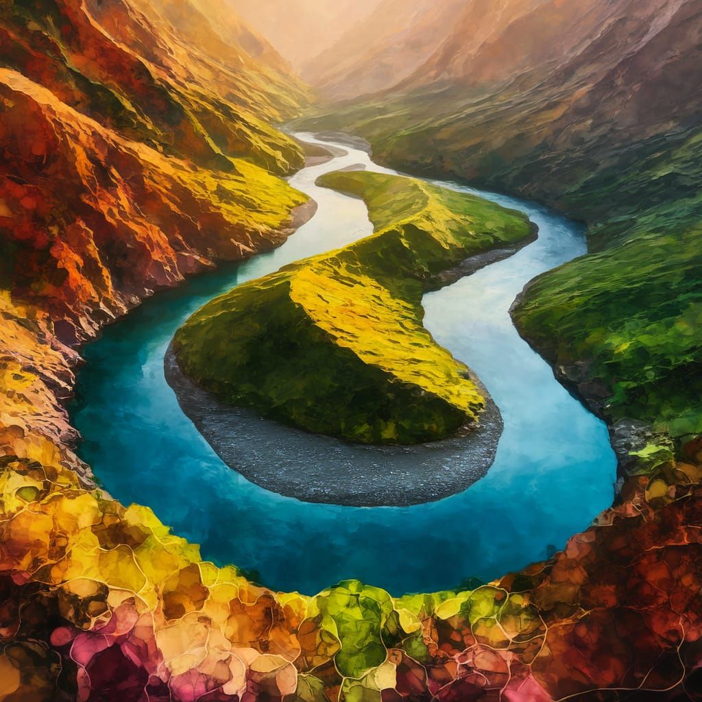 Breathtaking Figure 8 Mountain River in Vibrant Alcohol Ink