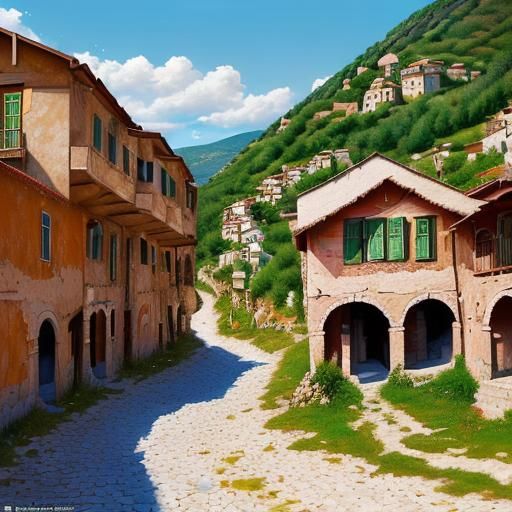 Cinematic Turkish Hill Village in Oil on Canvas