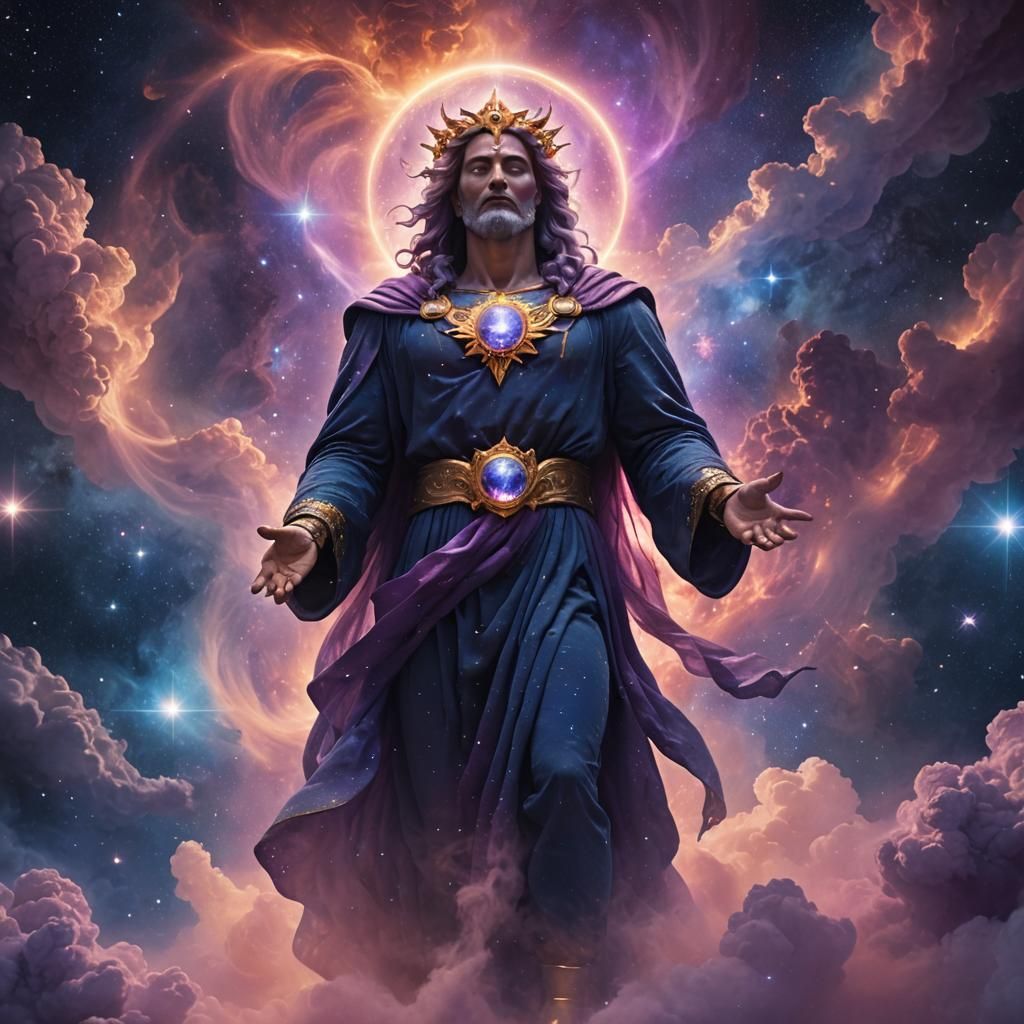 Cosmic Deity Holding Earth: A Celestial Digital Painting