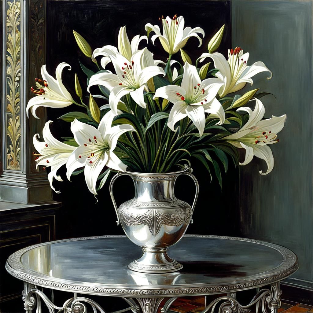 Silver Lilies in Silver Vase, Waterhouse Style