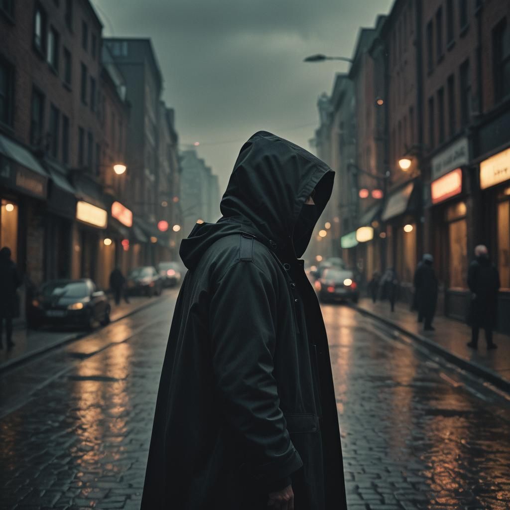 Futuristic Man in Hooded Coat: Cinematic Film Still