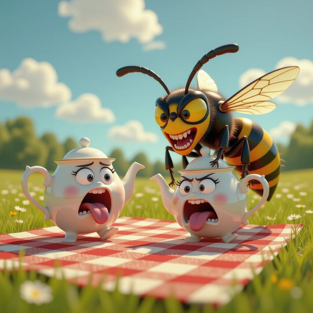 Fleeing Teapots Pursued by Giant Hornet in Meadow