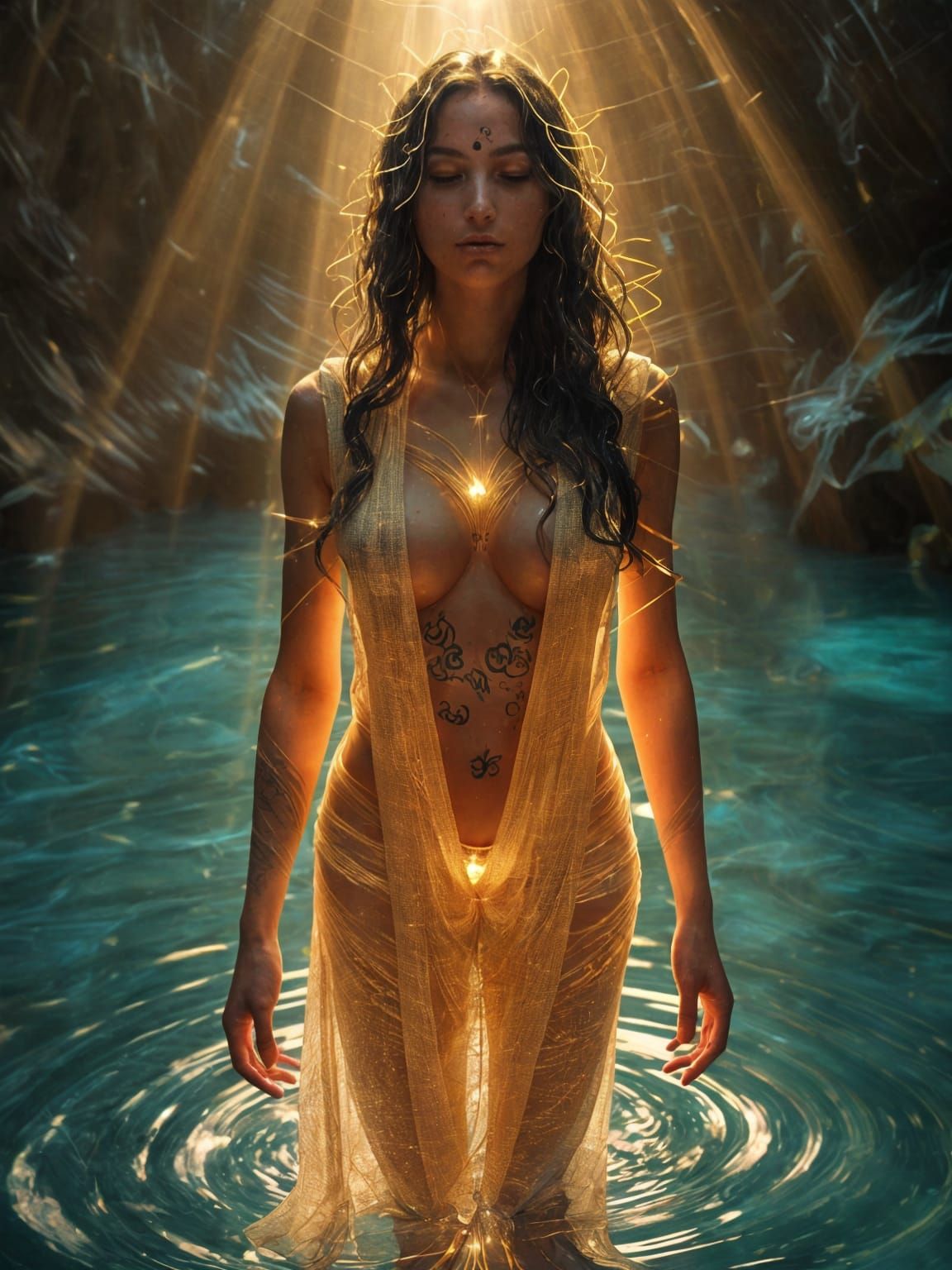 Radiant Divine Being Above Sacred Pool