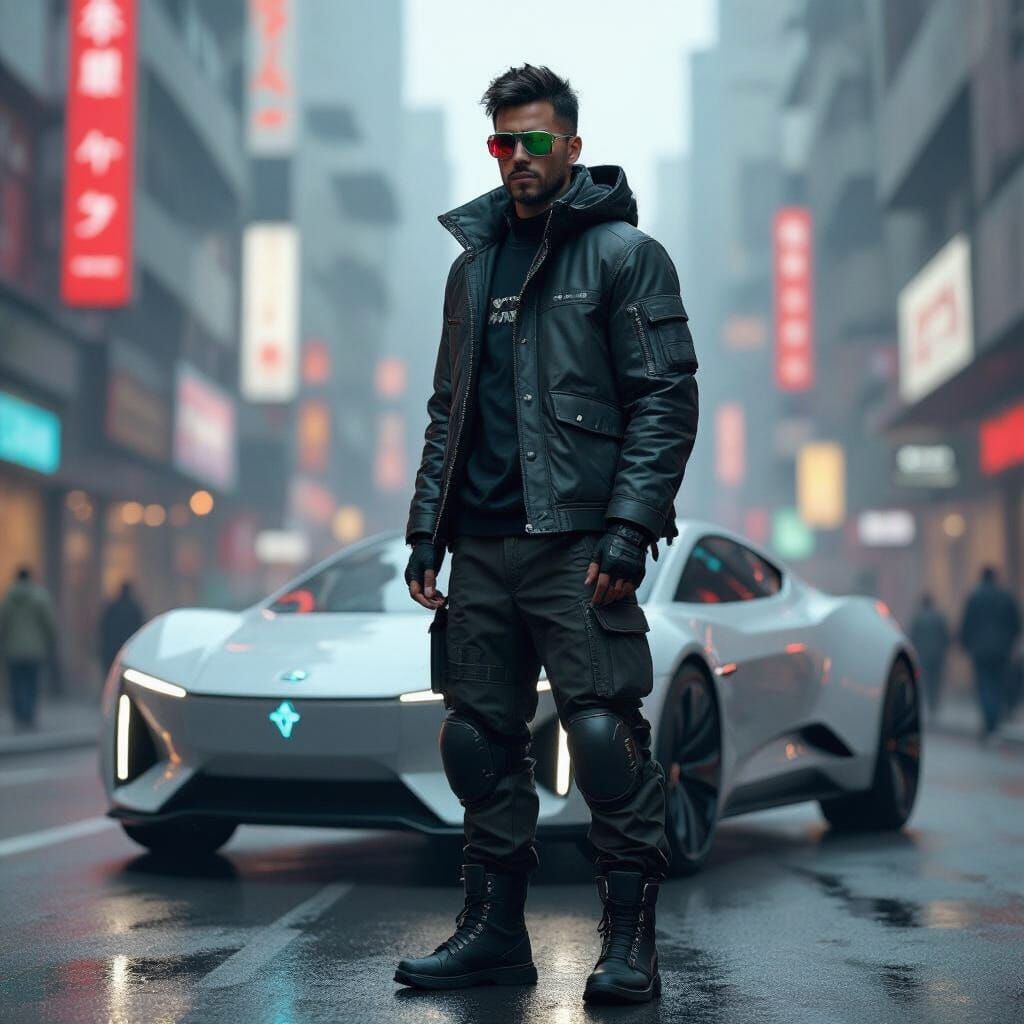 Brazilian Man in Cyberpunk Cityscape