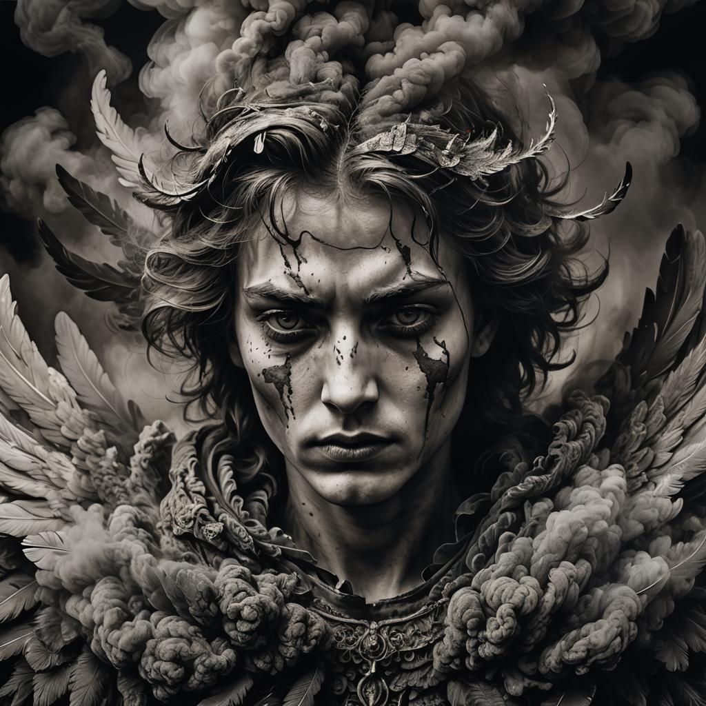 Fallen Angel in Charcoal Drawing with Fiery Embers