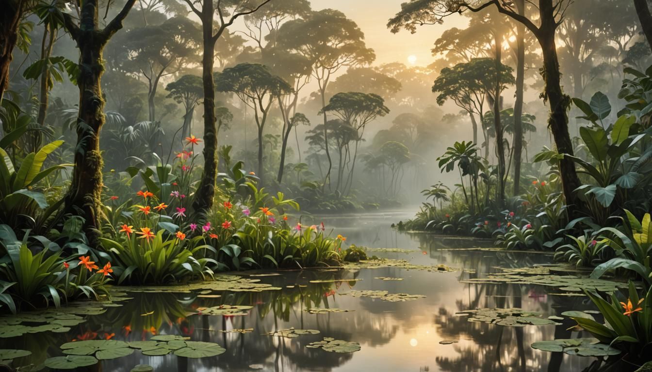Serene Rainforest Clearing at Dawn: A Matte Painting