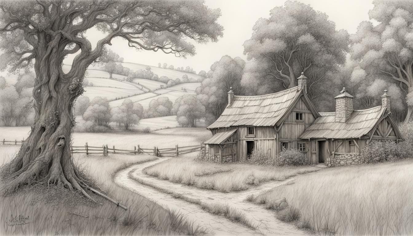Intricate Line Drawing of a Frugal Homestead