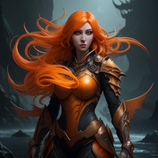 Fantasy Fish Girl with Orange Hair, Detailed Art